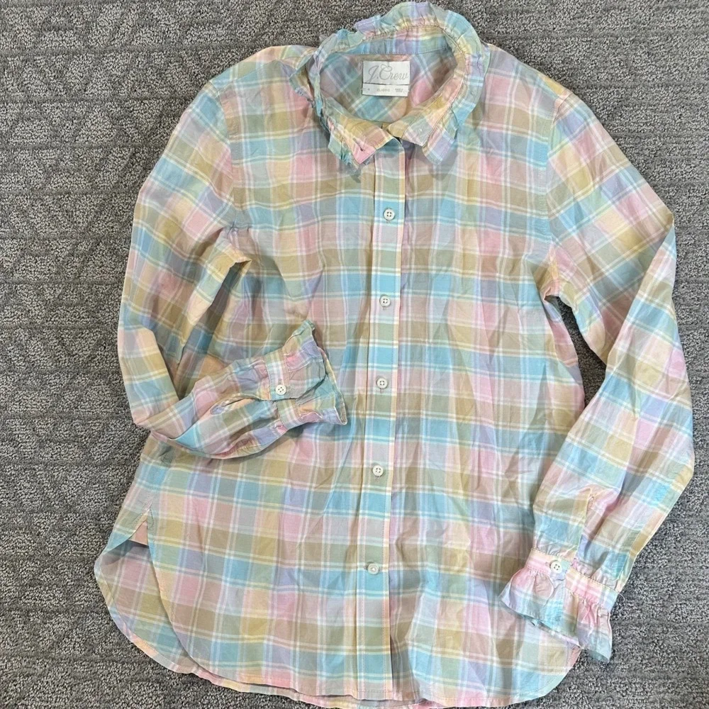 J Crew Classic Pastel Plaid Ruffle Collar Silk‎ Cotton Blend Button Up Shirt 4